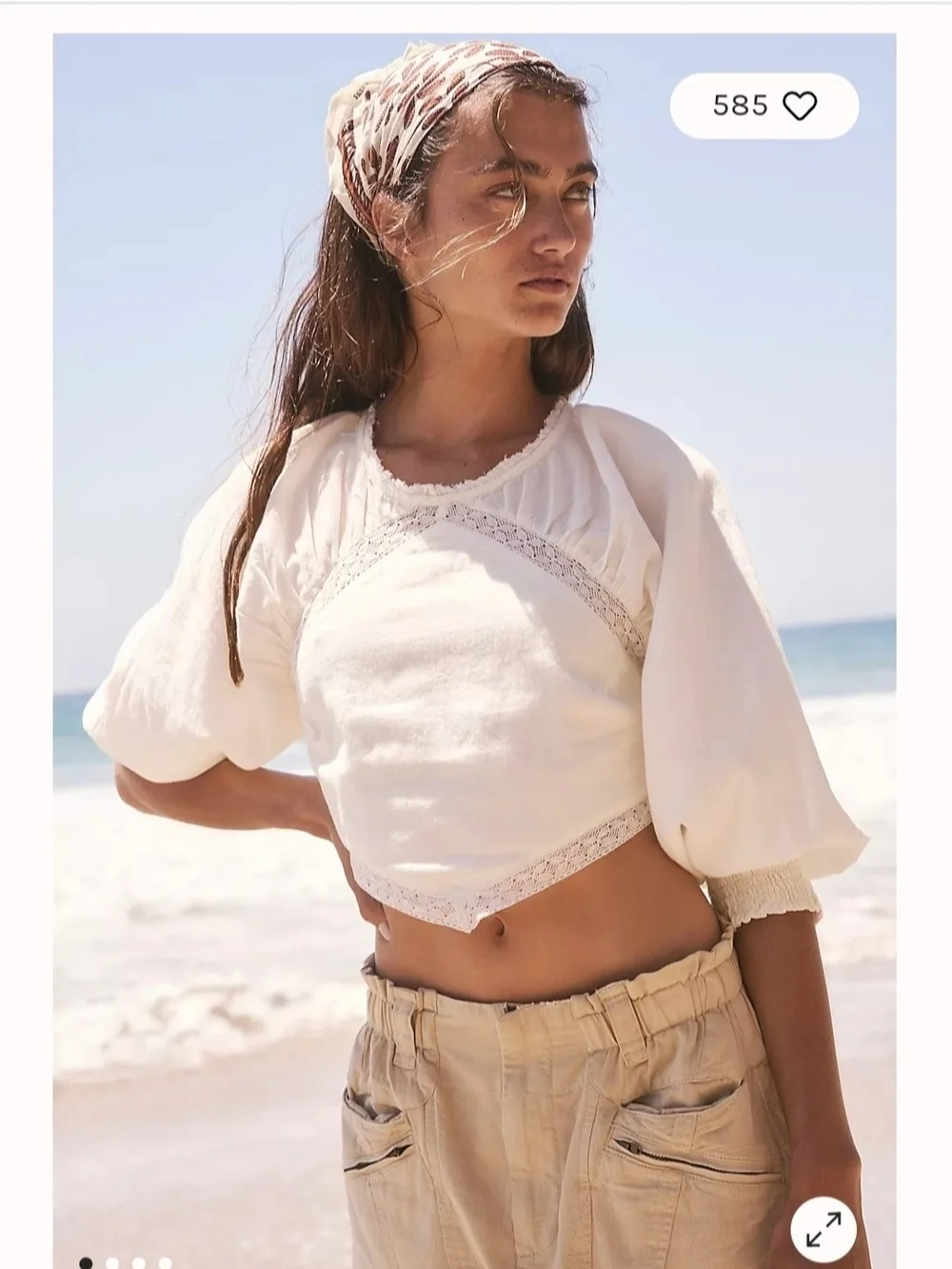 Free People Ivory Lace-Trim Puff Sleeve Crop Top